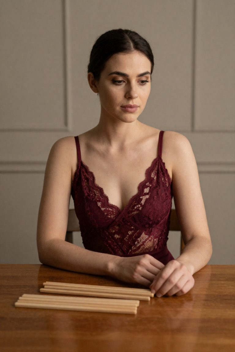 BlockList123 studio portrait - muse in wine-red lace at a tally desk with plain wooden tally sticks